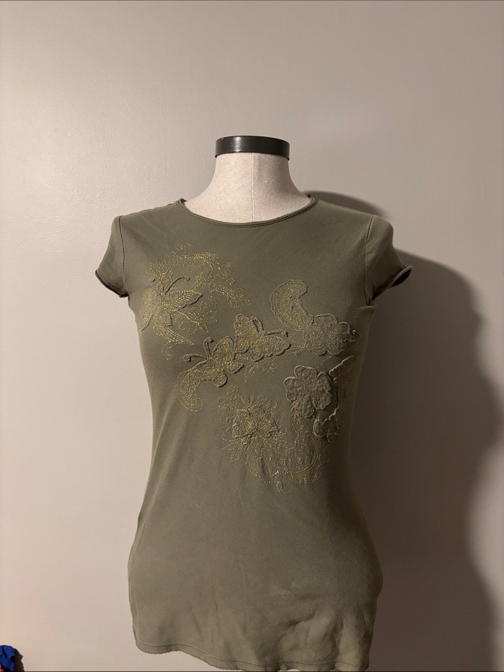Express Olive Green Short-Sleeve Tee with Gold Floral Appliqué